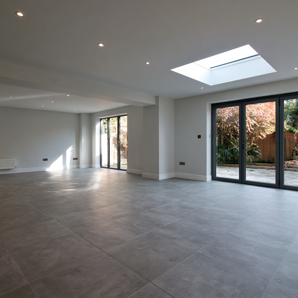 Open-plan house extension in Harpenden with grey porcelain floor tiles, a roof skylight and anthracite bi-fold doors