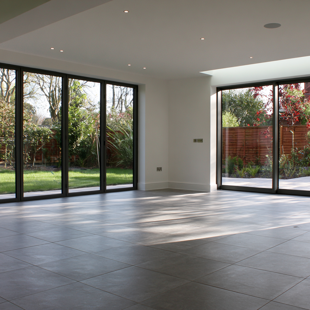 Modern wrap-around house extension in Harpenden with grey tiled floor and corner bi-fold doors