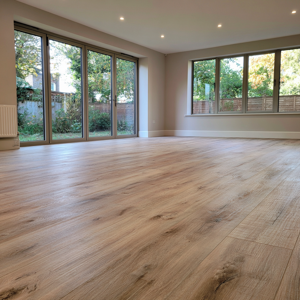House extension interior in Harpenden with light oak flooring and grey-framed bi-fold doors onto the garden
