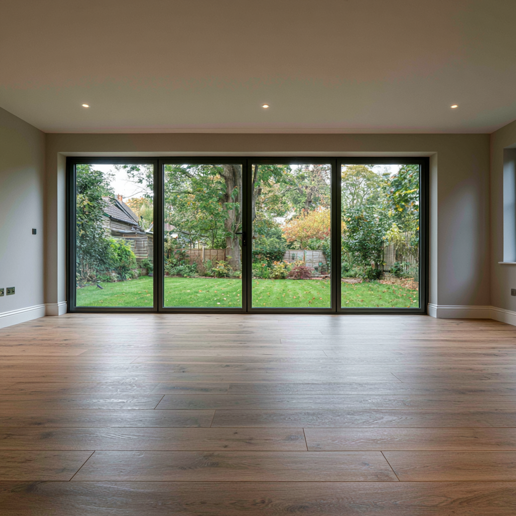 Single-storey house extension in Harpenden with oak flooring and a full wall of black-framed sliding doors