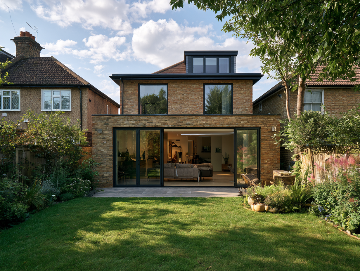 Modern two-storey brick house extension with anthracite sliding doors opening onto a garden in Hertfordshire
