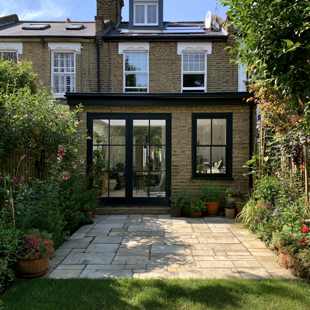 Brick single-storey rear extension with Crittall-style glazing and a cottage garden