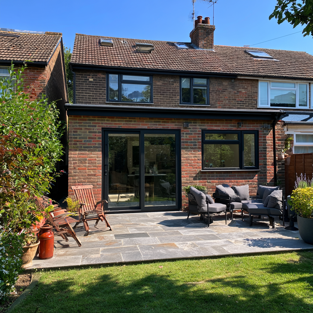 Red-brick single-storey rear extension with anthracite sliding doors and patio in Harpenden