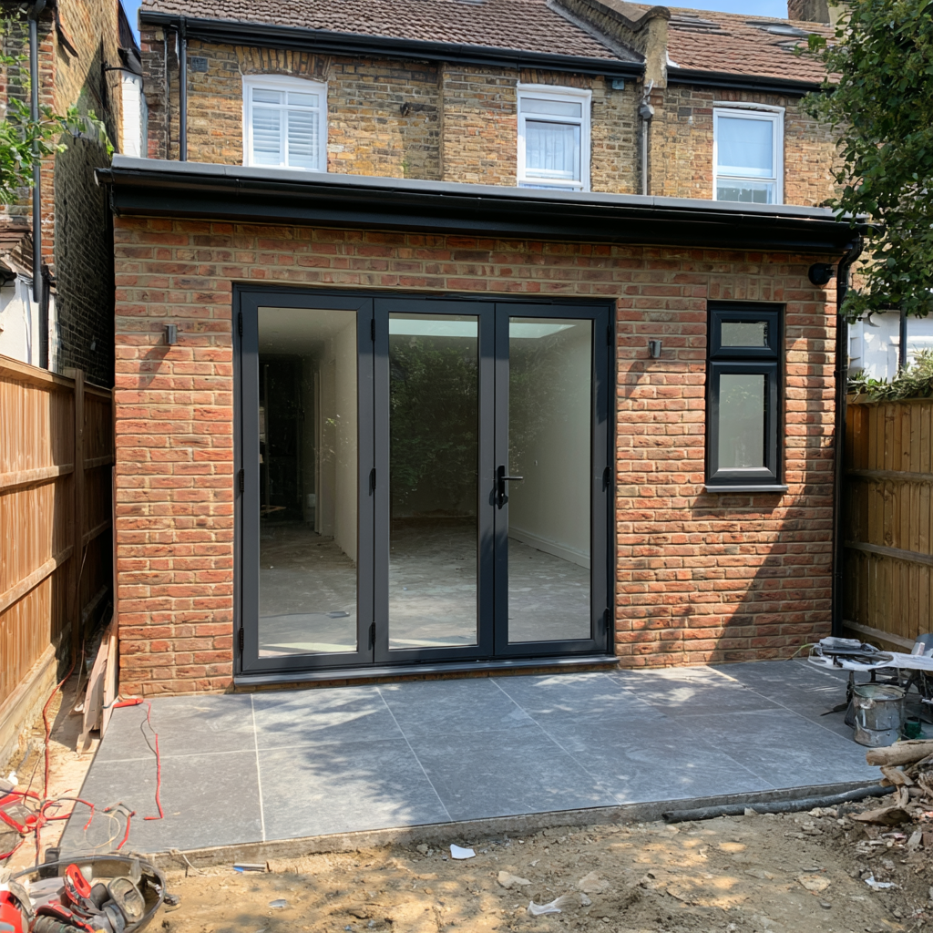Brick rear house extension with anthracite bi-fold doors in Hemel Hempstead