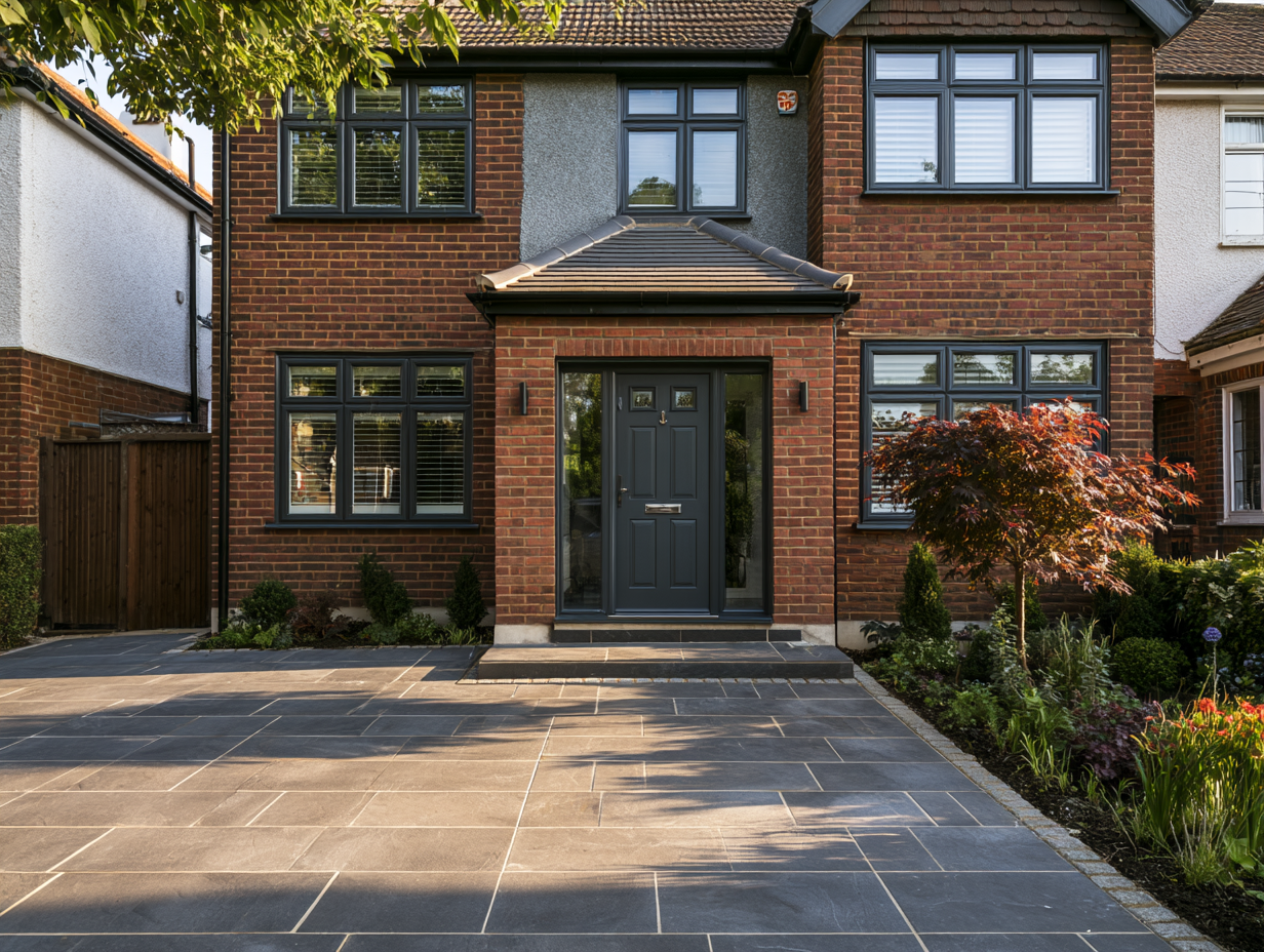 Red brick house with a pitched-roof porch over an anthracite composite door installed in Hertfordshire