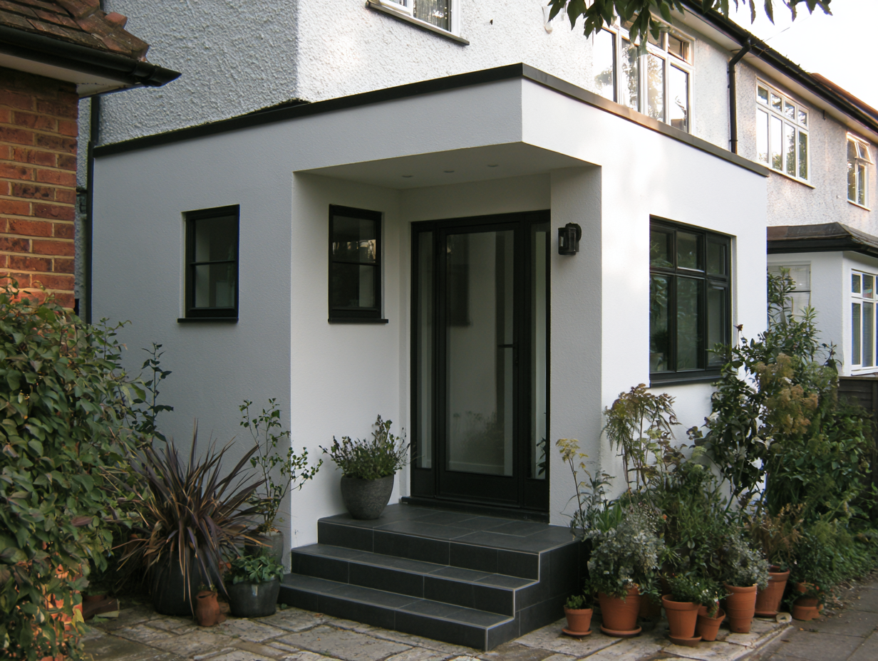 Modern white render porch with a black glazed door in Hertfordshire