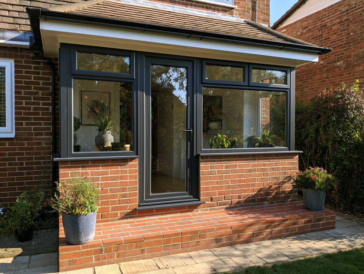 Porch installation in Berkhamsted – red brick porch with an anthracite glazed door