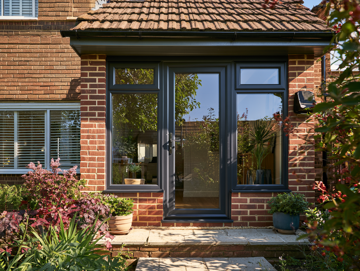 Red brick porch with anthracite French doors in Hertfordshire