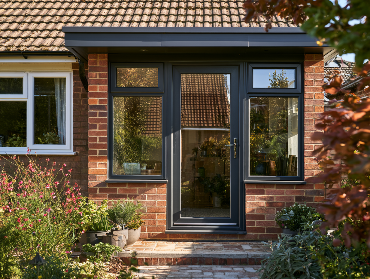 Red brick porch with a pitched tiled roof in Hertfordshire