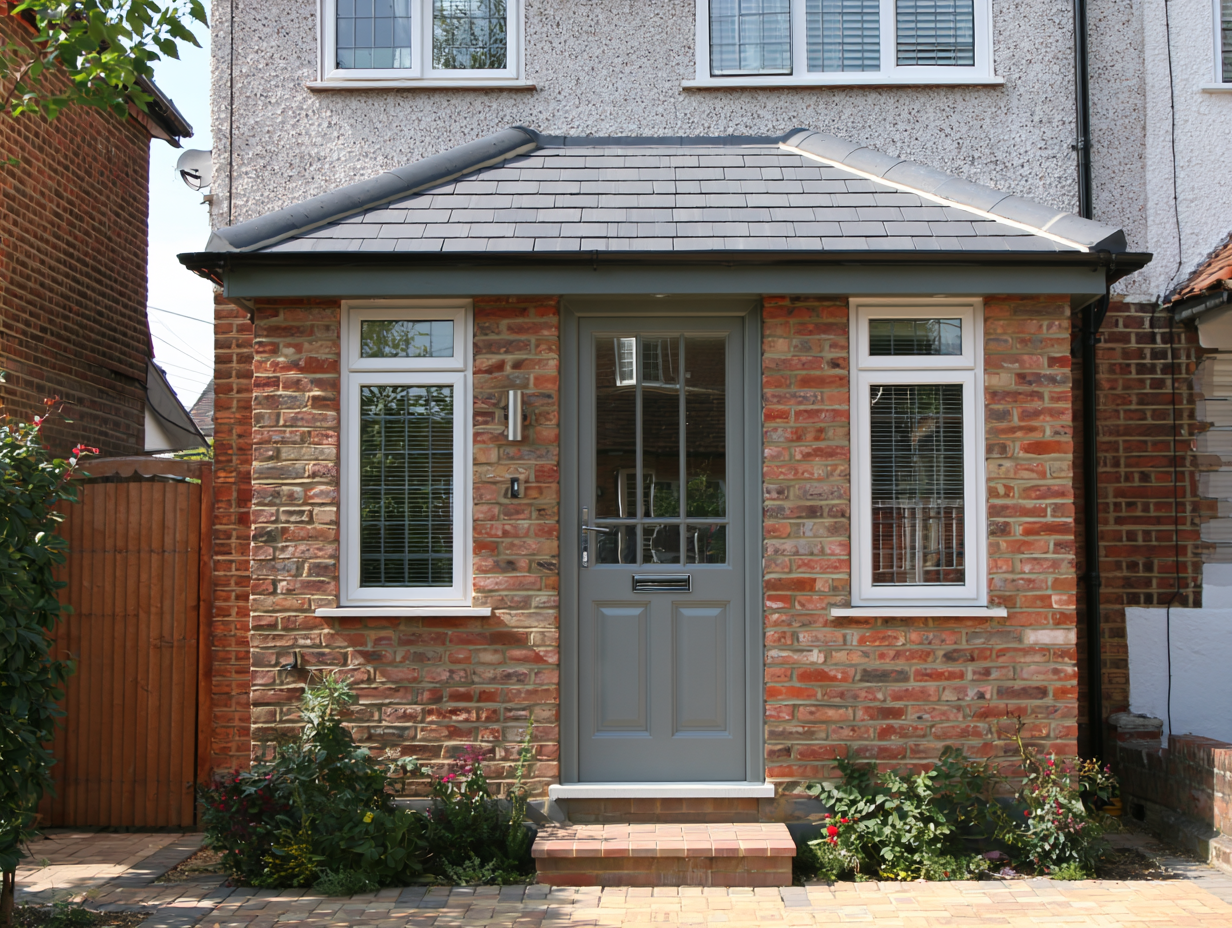Red brick porch with a grey composite door in Hertfordshire