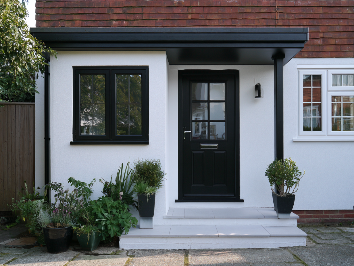 White render porch with a black composite door in Hertfordshire