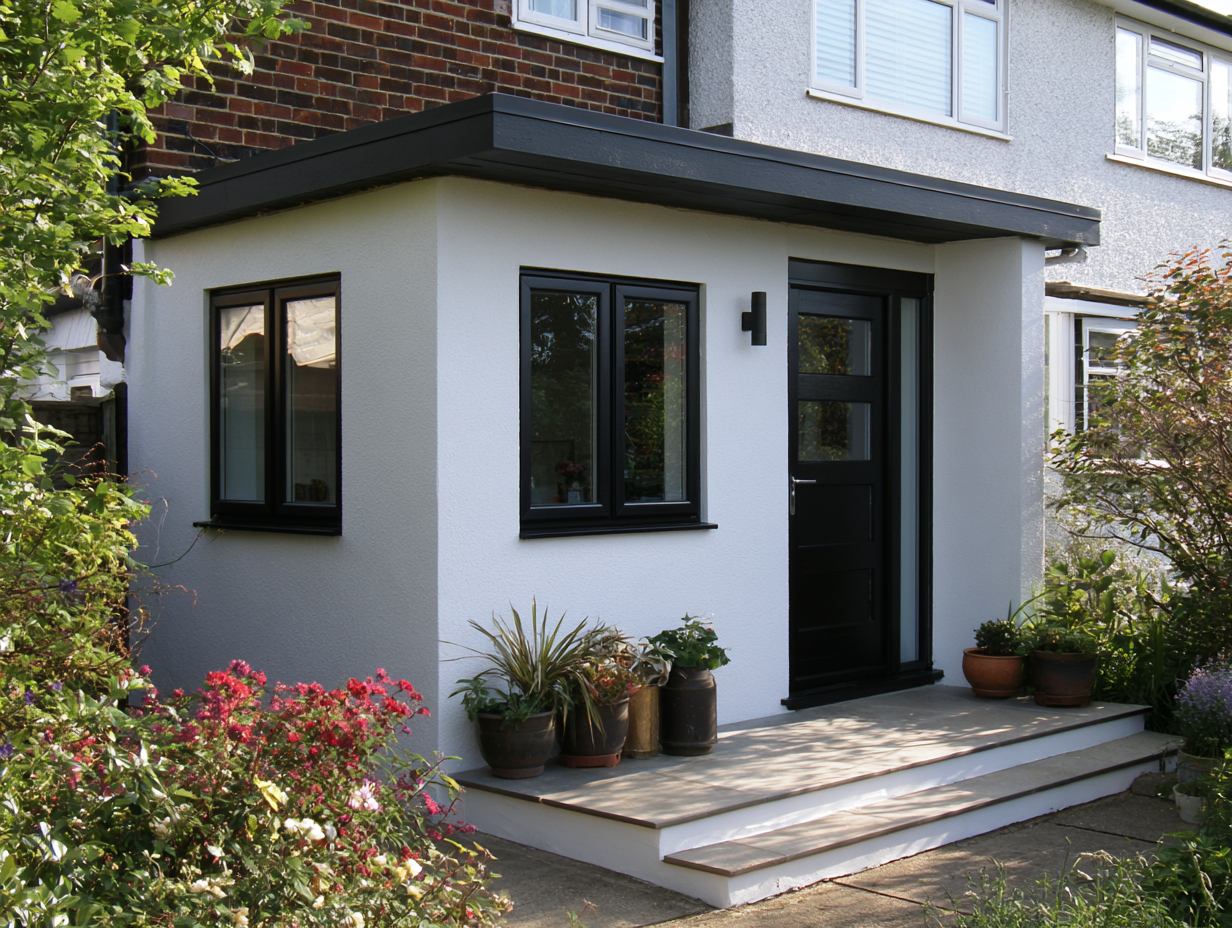 White render porch with black corner windows in Hertfordshire