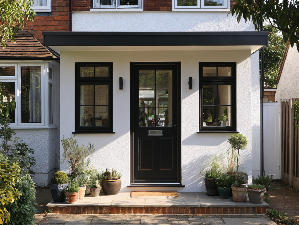 Symmetrical white render porch with a black door in Hertfordshire