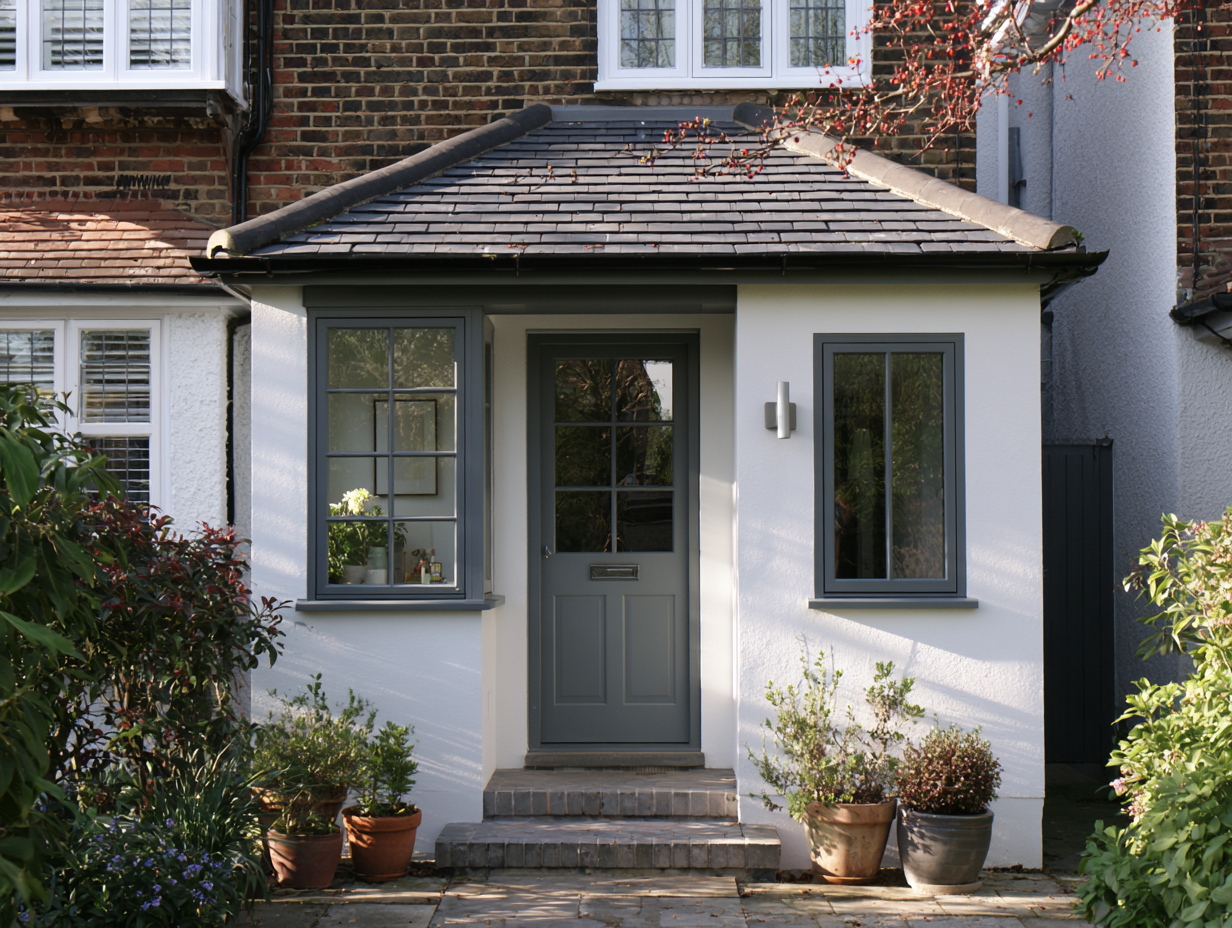 White render porch with a slate roof in Hertfordshire