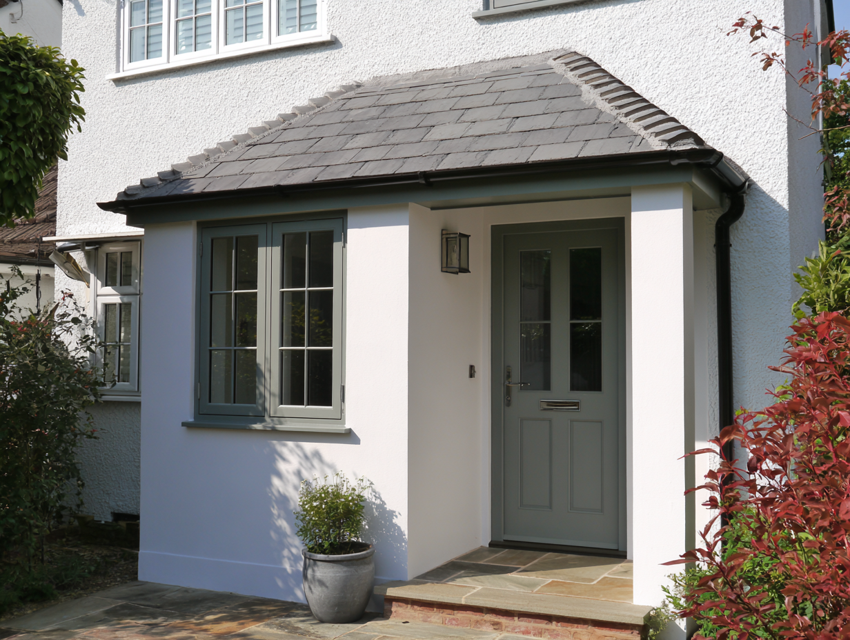 White render porch with a sage green door in Hertfordshire