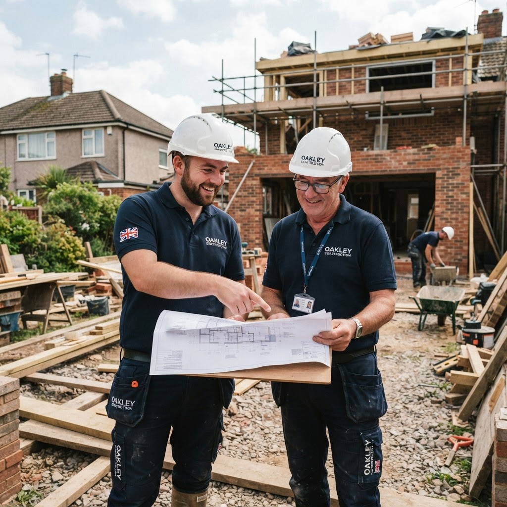 The Home Extension Company team reviewing plans on site